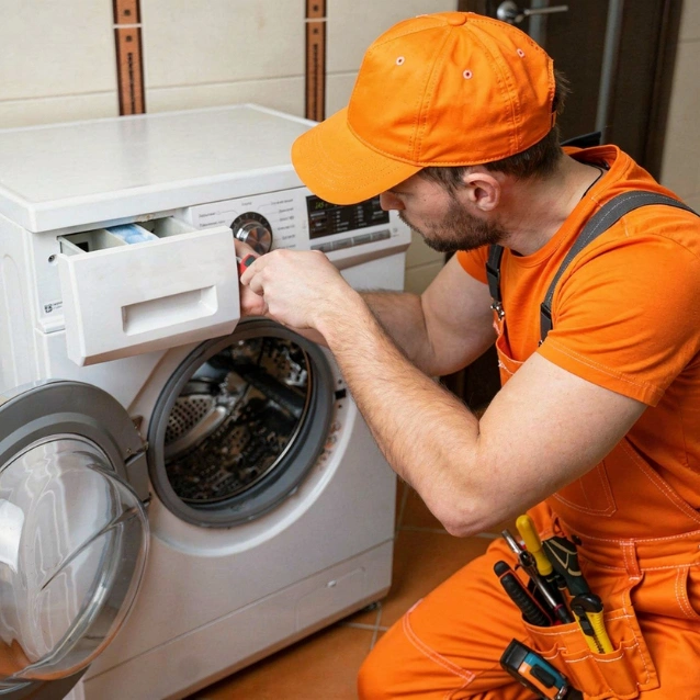Professional appliance repair technician inspecting a washing machine – Appliance Pro Dallas