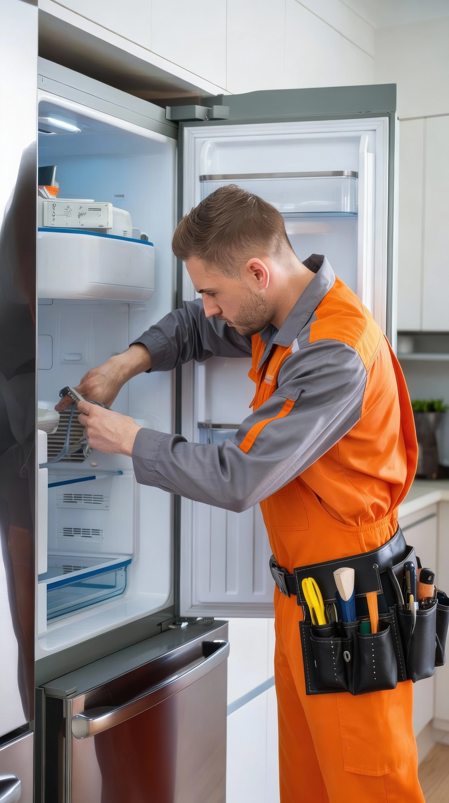 Skilled appliance repair technician repairing refrigerator components – Appliance Pro Dallas