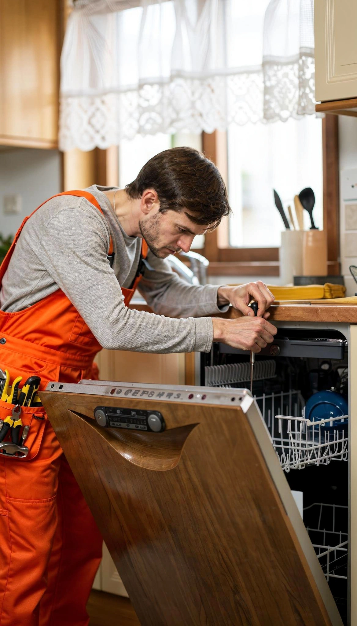 Expert appliance repair technician servicing a built-in dishwasher – Appliance Pro Dallas