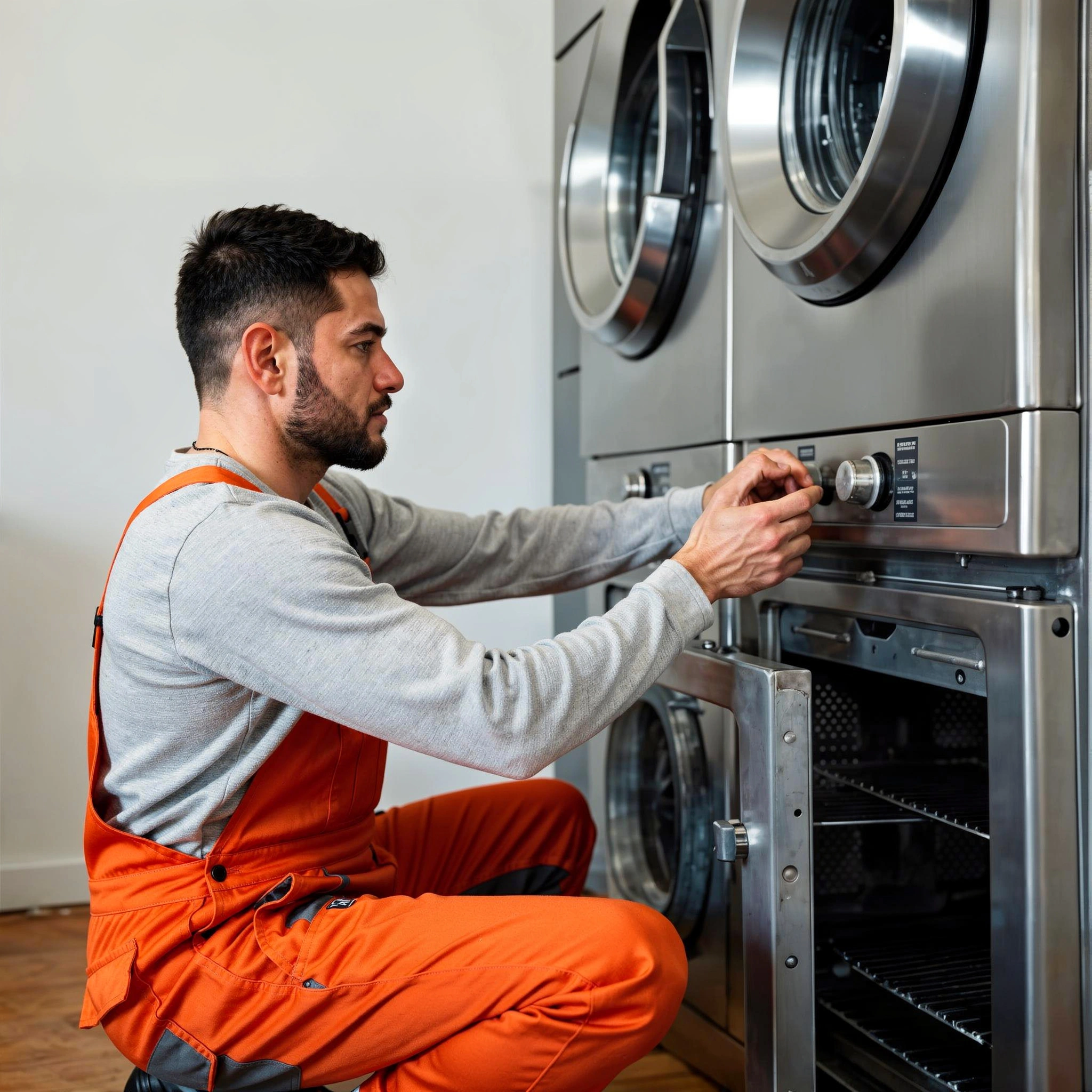 Reliable appliance repair technician working on stacked washer and dryer units – Appliance Pro Dallas