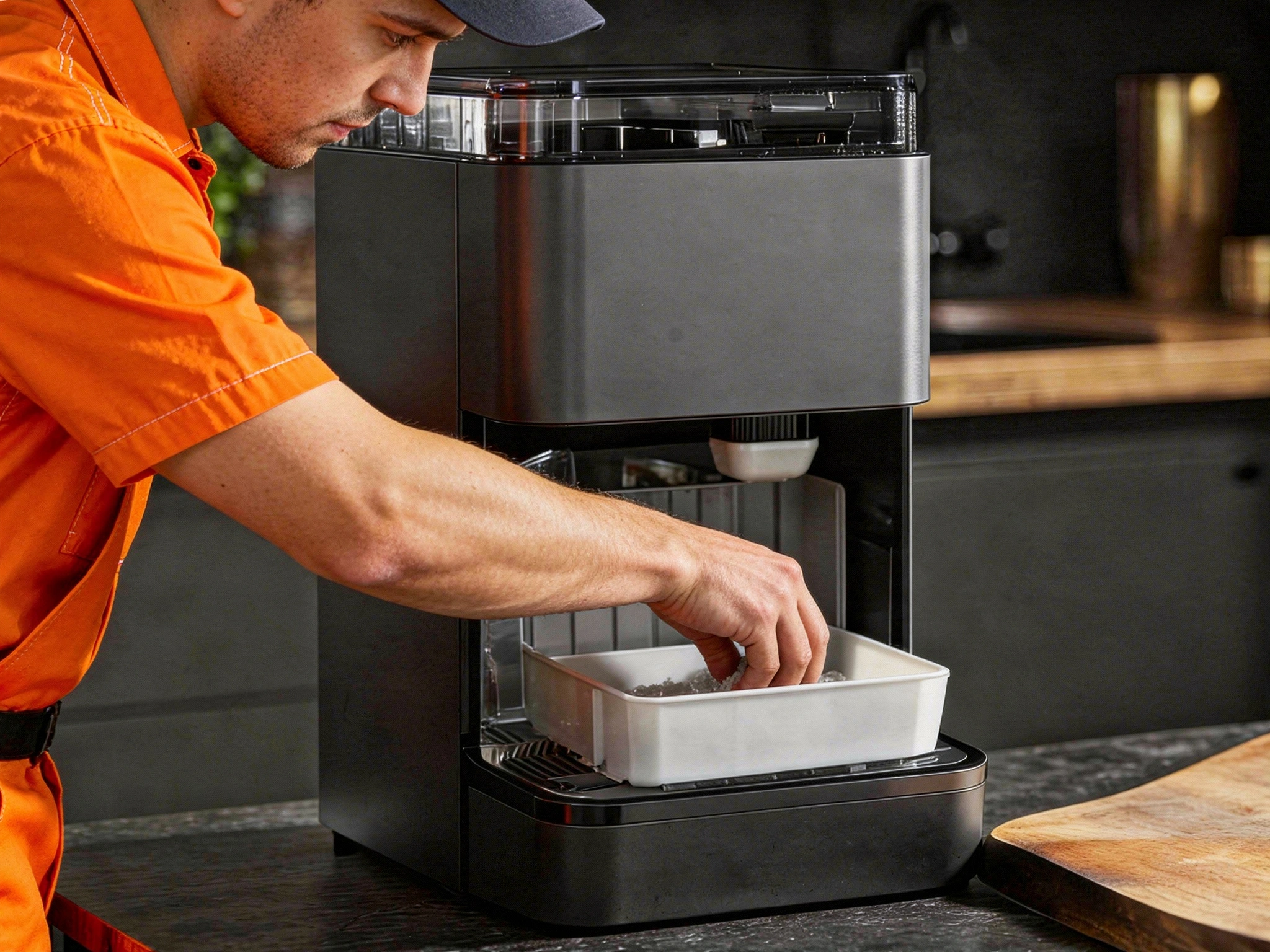 Professional ice maker repair technician servicing kitchen ice unit in Dallas